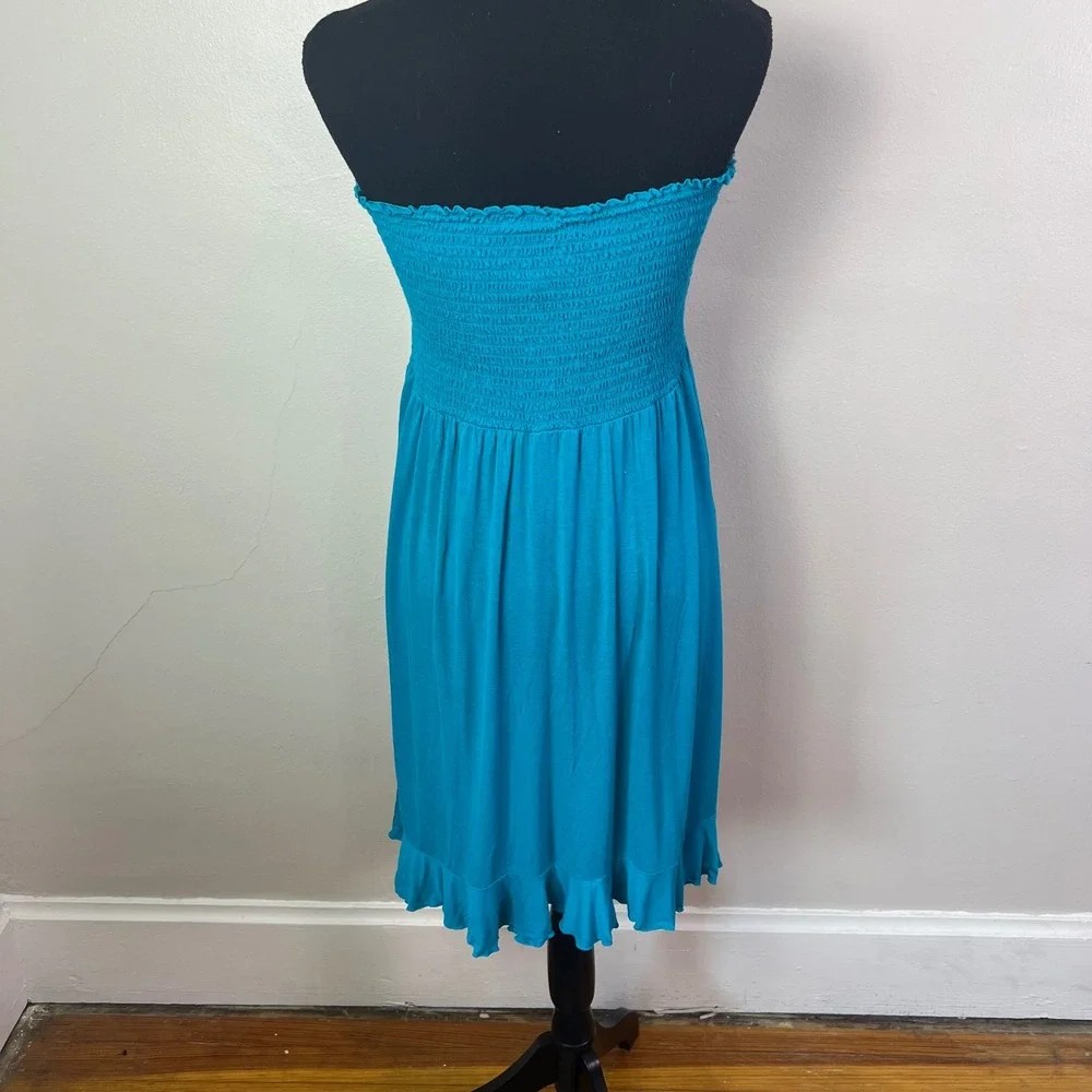Dotti Smocked Strapless Tube Dress XL Teal Blue Ruffle Hem Summer Beach Coverup - Picture 3 of 6